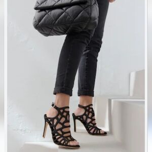 CASADEI Bambata Cutout Ankle Strap Black Leather 4" Heels Made Italy